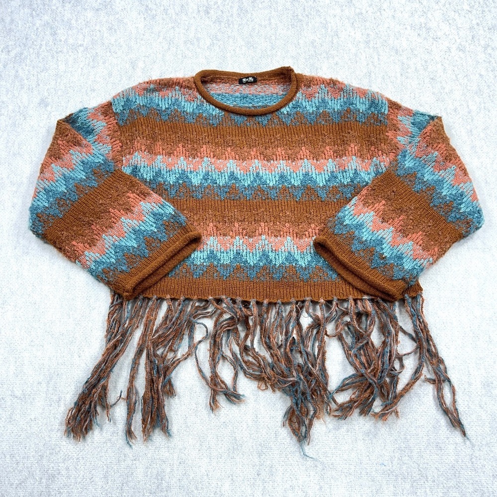 Miss Me Sweater Women Large Brown Teal Cropped Roll‎ Neck Tassel Boho Western